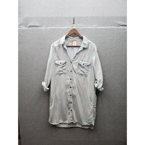 Womens Philosophy Light Wash Button-Up Tencel Shirt Dress W/ Roll Tab Sleeves & - Picture 1 of 5
